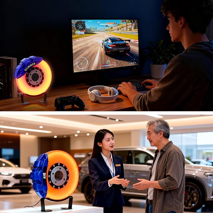 WILLBOND Gifts for Car Guys - Brake Disc LED Rechargeable Night Light Ambient Lamp with Touch Switch - Car Lovers Enthusiast Mechanic Valentines Gift for Him - Patent Pending(Blue - Orange Yellow)