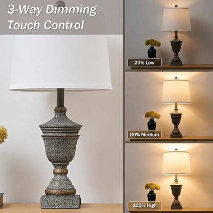 Retro Table Lamps Set of 2, 26.5'' Farmhouse Bedside Lamps with White Fabric Shades, Vintage Nightstand Lamps for Bedroom & Living Room, Bulbs Included