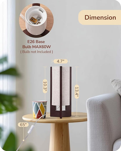 EDISHINE Wood Table Lamp, 13.5" Small Bedside Lamp, Beige Linen Shade, Rose Wood Cylinder Nightstand Lamp for Bedroom Living Room, On-Off Line Switch, E26 Base (Bulb Not Included)