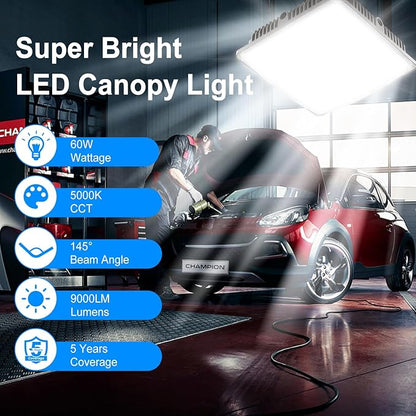 LED Canopy Light 60W, 9000LM LED Canopy Lights Outdoor, 5000K Daylight Square Canopy Gas Station Light for Carport Shop Garage Warehouse Porch Hotel Building Entrances UL Listed, 1 Pack