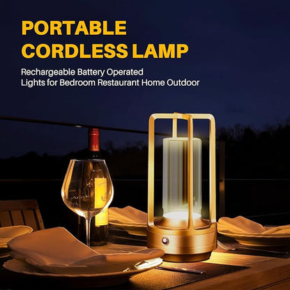 Rechargeable Table Lamp Cordless, 3 Color | Crystal | Stepless Dimming, for Bedroom, Cafe, Camping, Bar, Dining Table, Restaurant, Gold