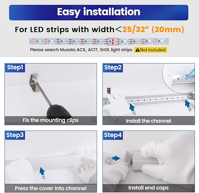 Muzata 6Pack 3.3FT/1M Plus-Size Spotless V Shape LED Channel Silver Aluminum LED Diffuser Channel with Milky White Cover V101 WW 1M