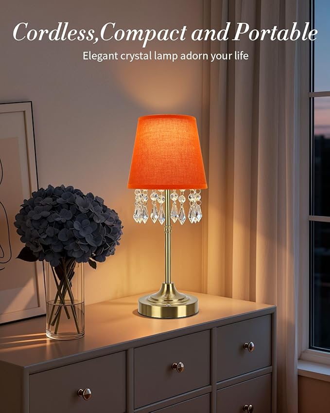 Cordless Table Lamp, 5200mAh LED Rechargeable Small Touch Lamp, 3 Colors Dimmable Battery Operated Lamp with Hanging Crystal Beads for Bedroom Restaurant Bar Home Decor, Gold