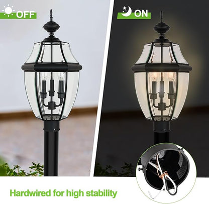 Kalium Outdoor Post Lights, 3 Light Lamp Post Light Fixture Hardwired with Clear Beveled Glass, 23" Large Waterproof Lamp Pillar Fixtures for Yard Pathway Porch Patio 60W Matte Black