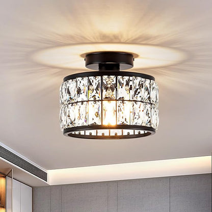 Crystal Ceiling Light Fixture, Modern Semi Flush Mount Ceiling Light,Crystal Chandelier for Kitchen Bedroom Bathroom Entryway, Black Finish