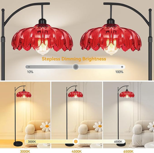 Unique Floor Lamp for Living Room with Remote,Arc Vintage Flower Standing Tall Lamp,Black Dimmable Floor Lamp with Red Glass Shade,Modern Mid Century Floor Lamps for Bedroom Office Corner