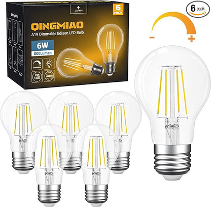 A19 E26 Base Dimmable Edison LED Bulb, 6W(60 Watt Equivalent) Stepless Dimming Light Bulbs 600lm, 4000K Neutral White, Vintage Clear Glass LED Filament Bulb for Home, Wall Sconce, Chandelier, 6 Pack
