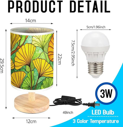 Ginkgo Tree Table Lamp LED 3-Color Pressed Bedside, Ginkgo Tree Shade Lamp with Wood Base for Bedroom Living Room Desk Office