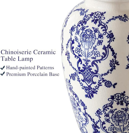 RORIANO Chinoiserie Ceramic Table Lamps Set of 2 for Living Room Bedroom Bedside, Traditional Blue Porcelain Classic Table Lamp for Nightstand Entryway, 2 LED Bulbs Included