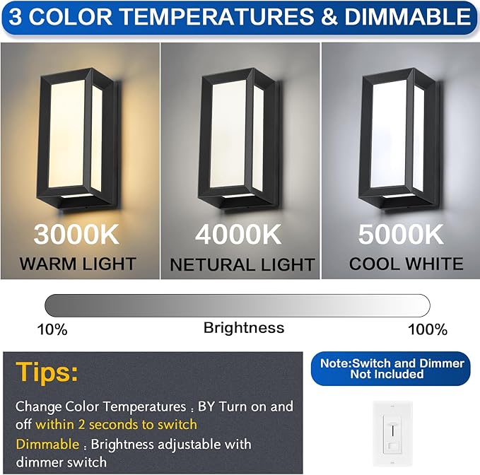 Outdoor Light Fixtures Wall Mount 2 Pack, 3 Colors & Dimmable, Exterior Wall Lights for House, Front Porch & Patio (Rectangle)
