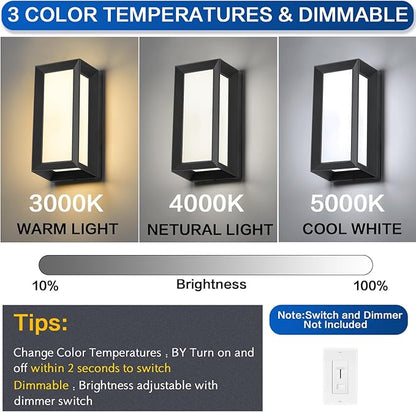 Outdoor Light Fixtures Wall Mount 2 Pack, 3 Colors & Dimmable, Exterior Wall Lights for House, Front Porch & Patio (Rectangle)