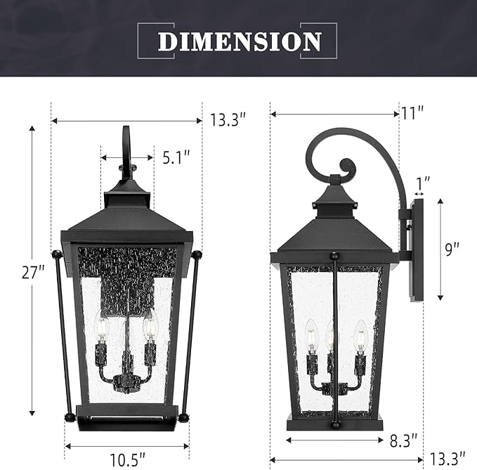 zeyu 27 Inch Outdoor Wall Lamp, 3-Light Large Outdoor Wall Lighting for House Porch, Die-Cast Aluminum in Black Finish, Seeded Glass, ZW105B-L BK