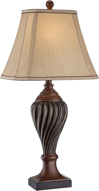 Regency Hill Traditional Style Table Lamp 28.5" Tall Carved Two Tone Brown Urn Shaped Ball Beige Fabric Rectangular Shade for Living Room Bedroom House Bedside Nightstand Home Office