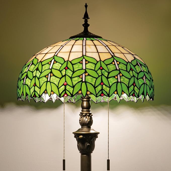 Tiffany Style Floor Lamp, 16" Stained Glass Green Leaf Shade with Antique Bronze Base, 2-Light E26 Pull Chain Standing Reading Light for Living Room, Bedroom, UL Listed, 16x16x64 Inches