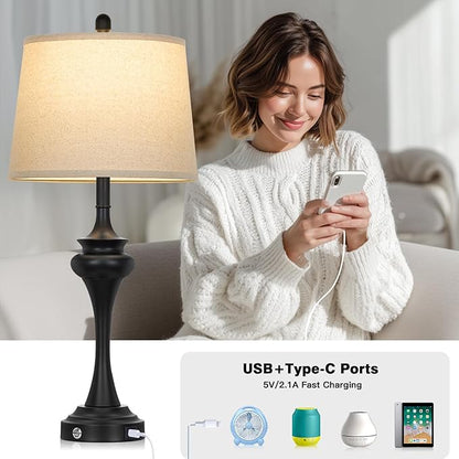 30 Inch Black Table Lamp Single, 3-Way Touch Control Bedside Lamp with USB A+C Ports, Modern Bedroom Lamps for Nightstand, Metal Living Room Lamps for Side Table Desk Office, Bulb Included