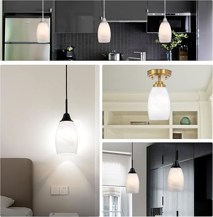 White Swirl Art Glass Pendant Lamp Shade Glass chandeliers Cover Mini Oval Light Shade Replacement Shade Only Light Fixtures for Kitchen Island pendant light 1-Pack 4.72"