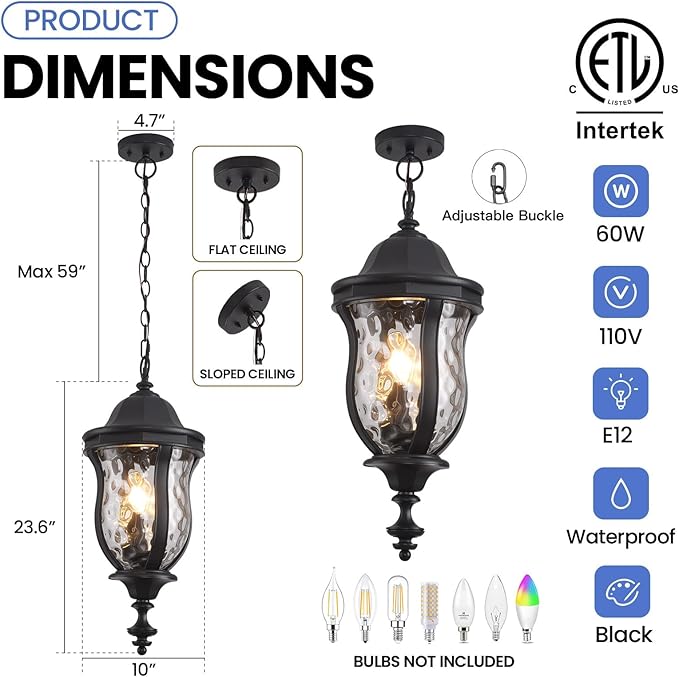Large Outdoor Pendant Light Fixtures, 23.6'' Exterior Hanging Lantern Porch Light Adjustable, Black Hanging Lamp Farmhouse Exterior Chandelier Ceiling Mount for Entrance Patio
