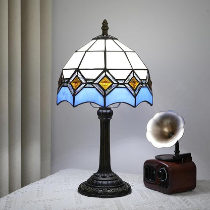Blue and White Lamp Small Tiffany Lamps Bedside for Bedroom Dector Light Stained Glass Table Lamp Living Room Night Lamp Farmhouse Cute 8 Inch Aesthetic Mediterranean Mosaic Nightstand Desk Lamps E26