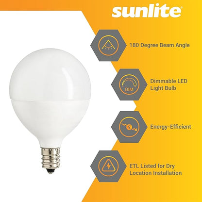Sunlite G16.5 Light Bulb LED, 7 Watts (60W Equiv.), 500 Lumens, Dimmable, Type G Globe Shape E12 Candelabra Base, Short Bulbs, Vanity Mirror Bulbs, 2700K Soft White, Frosted, 3 Count