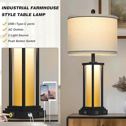 27" Tall Vintage Table Lamp Set of 2 with USB C+A & Outlet,Farmhouse Nightstand Lamp for Living Room,Rustic Retro Bedside Lamps with Red-Orange Glass Night Light for Bedroom Entryway,Black-2