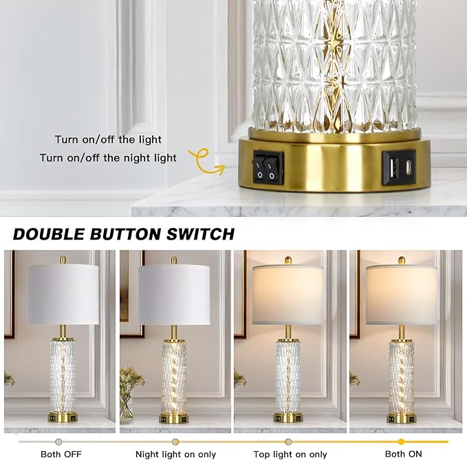 28" Gold Glass Table Lamps Set of 2, Gold Modern Bedside Lamp with LED Night Light, USB A+C, Glass Lamps for Living Room, Bedroom, Nightstand, Office, End Table (2 Bulbs Included)
