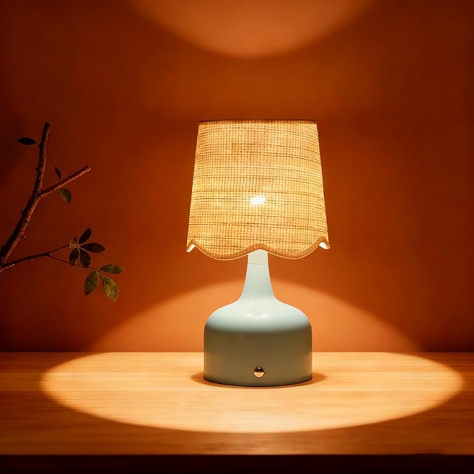 Cordless Boho Table Lamp Blue, Wicker Shade, 5200-mAh Rechargeable Battery, 3-Way Dimmable, Build-in Integrated LED 320 Lumen Max, for Bedside Living Room