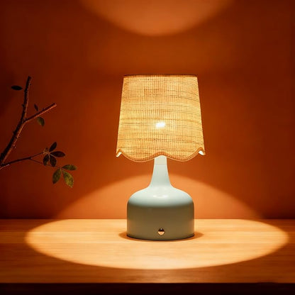 Cordless Boho Table Lamp Blue, Wicker Shade, 5200-mAh Rechargeable Battery, 3-Way Dimmable, Build-in Integrated LED 320 Lumen Max, for Bedside Living Room
