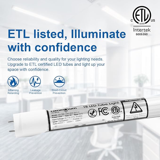 T8 LED Tube Light Bulbs 4 Foot 20W 40W Equivalent 6000K Cool White 2000LM, T8 T10 T12 Fluorescent Replacement, Dual-end Powered Ballast Bypass, Clear Cover ETL Listed for Garage, 10-Pack