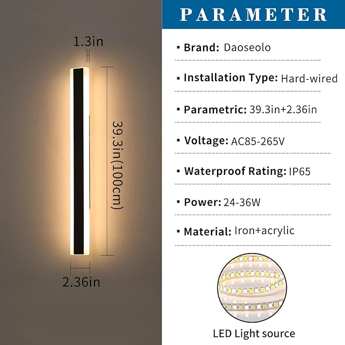 2 Pack 39.3inch Modern Outdoor Wall Sconce, 3 Color Lights 3000K/4500K/6000K, IP65 Waterproof Wall Light Fixture, White Acrylic, 36W, Outdoor Lighting for Porch, Patio, Fence, Garden
