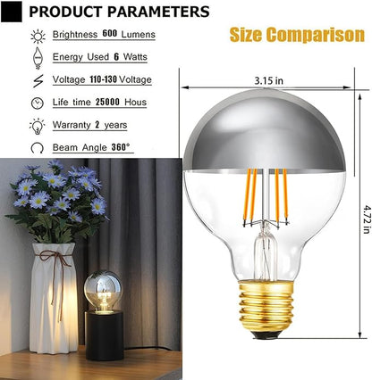 Half Chrome Light Bulb 6W Dimmable LED Edison Bulbs 60 Watt E26 Silver Dipped Anti Glare Bulb G80/G25 Globe Decorative Bulb 2700K Warm White G25 Globe Light Bulbs for Bathroom,Vanity,4 Pack