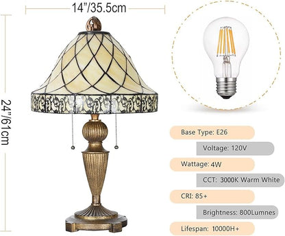 TL0028 Tiffany Table Lamp Stained Glass Lampshade Beige-Like Color with Geometric Pattern, Warm Glow & Elegant Design, Antique Finished Lamp Base, W 14 X H 24 Inches, LED Bulb Included