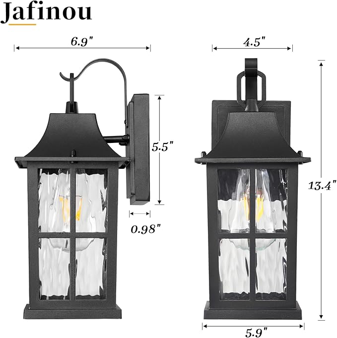 Outdoor Light Fixture, IP44 Waterproof Rustproof Porch Light，Aluminum & Water Pattern Glass Exterior Sconce，13-inch Black Outdoor Sconce Lights for Front Door, Garage, Patio (ETL-Certified)