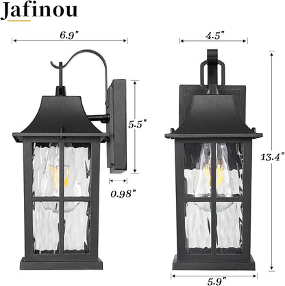 Outdoor Light Fixture, IP44 Waterproof Rustproof Porch Light，Aluminum & Water Pattern Glass Exterior Sconce，13-inch Black Outdoor Sconce Lights for Front Door, Garage, Patio (ETL-Certified)