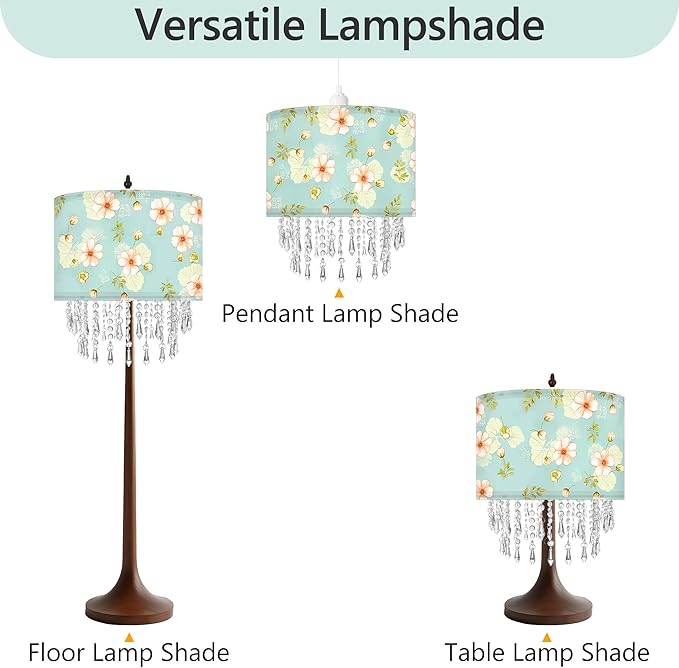 Spring Flower Lamp Shade with Acrylic Bead Droplets, Teal Wild Floral Fabric Light Shade for Pendant Table & Floor Lamps, Nature Decor for Garden Women, 11.8in