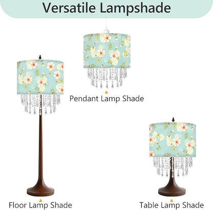 Spring Flower Lamp Shade with Acrylic Bead Droplets, Teal Wild Floral Fabric Light Shade for Pendant Table & Floor Lamps, Nature Decor for Garden Women, 11.8in