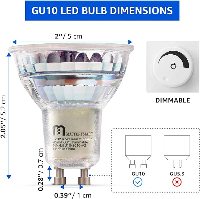 MASTERY MART GU10 LED Light Bulbs 4.5W Spotlight Bulb, UL Listed, Energy Star Certified, 5000K Soft White, Dimmable, 18 Count (Pack of 1)