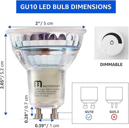 MASTERY MART GU10 LED Light Bulbs 4.5W Spotlight Bulb, UL Listed, Energy Star Certified, 5000K Soft White, Dimmable, 18 Count (Pack of 1)
