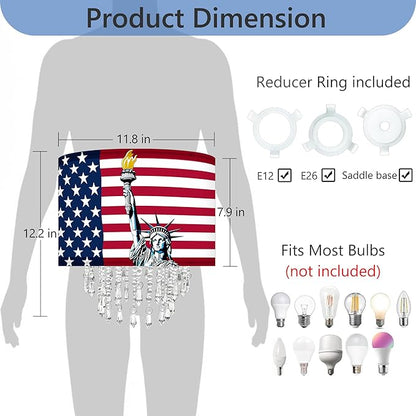 Patriotic Fabric Lamp Shade with Acrylic Bead Droplets, American Flag & Statue of Liberty, Drum Light Shade for Ceiling Pendant Table or Floor Lamps, 4th of July Decor, Military Gifts, 11.8in