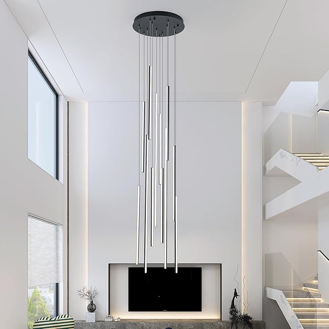 118" Modern LED Chandelier, Clustered Led Pendant Light, 12-Lights Dimmable High Ceiling Large Hanging Lighting Fixture for Loft Villa Living Room Stairs Foyer (Black-80W-12 Lights)