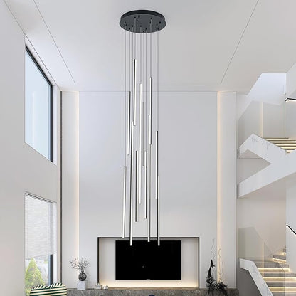 118" Modern LED Chandelier, Clustered Led Pendant Light, 12-Lights Dimmable High Ceiling Large Hanging Lighting Fixture for Loft Villa Living Room Stairs Foyer (Black-80W-12 Lights)