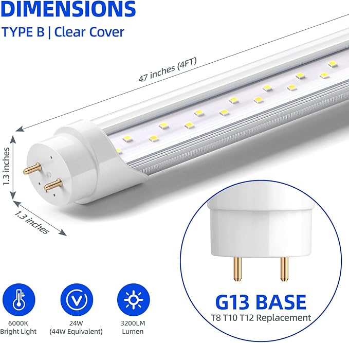 Barrina T8 LED Bulbs 4 Foot Type B, 24W, 3200LM, 6000K Bright Light, G13, Double End Powered, Ballast Bypass, 4FT LED Fluorescent Replacement, T8 T10 T12 LED Replacement, Clear Cover, 25 Packs
