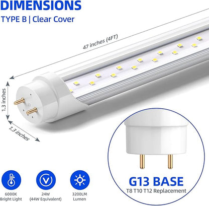 Barrina T8 LED Bulbs 4 Foot, Type B, 24W, 3200LM, 6000K Bright Light, Ballast Bypass, 4FT Fluorescent Replacement, Dual-End Powered, G13, T8 T10 T12 LED Replacement, Clear Cover, 16 Packs