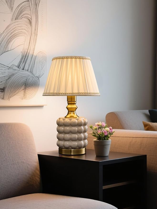 Vintage Lamp for Bedroom,Unique Lamps Cracked Ceramic lamp,UL Rotary Switch Control Pleated lamp Shade,Small Table lamp for Living Room Decor Kitchen Lighting (White+Pleated)
