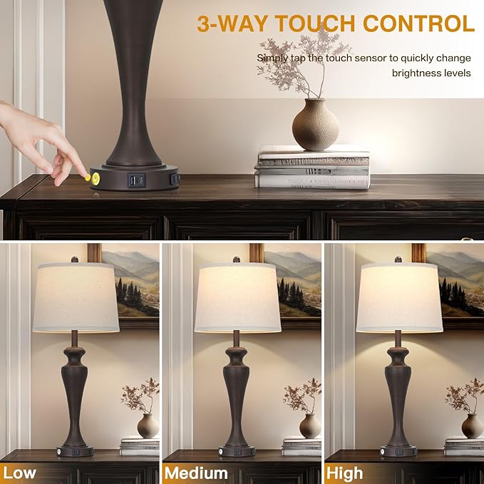 30" Brown Table Lamps Set of 2, 3-Way Touch Control Bedside Lamp with USB A+C Ports and AC Outlet, Tall Living Room Lamps for End Table, Elegant Coffee Bedroom Lamp for Night Stand
