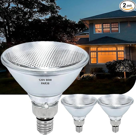 PAR38 Halogen Flood Light Bulbs 2 Pcs, 80W Equivalent, 120V, E26 Base, 2700K Warm White Light for Indoor and Outdoor