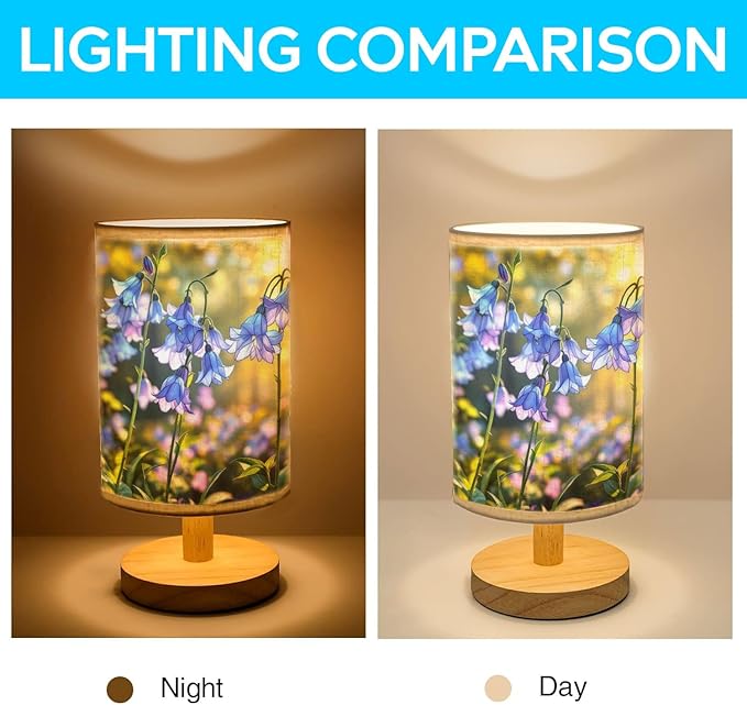 Bluebell Table Lamp LED 3-Color Pressed Bedside, Bluebell Shade Lamp with Wood Base for Bedroom Living Room Desk Office TL01