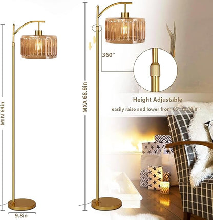 Glass Floor Lamp for Living Room,Bedroom,Gold Dimmable Standing Lamp with Remote,Mid Century Modern Brass Tall Lamp Boho Vintage Retro Floor Lamps Arc Amber Flower Floor Light Lamp Bohemian