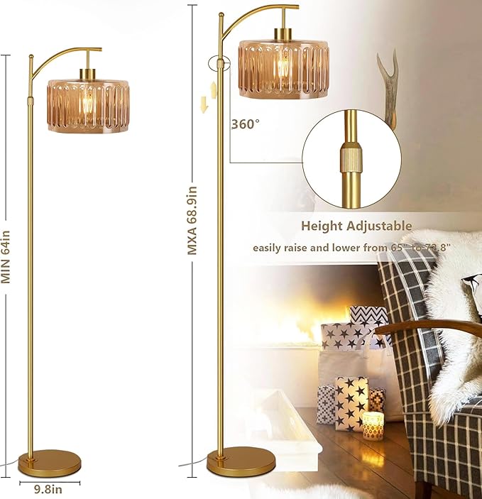 Glass Floor Lamp for Living Room,Bedroom,Gold Mid Century Modern Standing Lamp with Remote,Dimmable Brass Tall Lamp Amber Flower Lamp Vintage Floor Lamps Arc Floor Light Boho Bohemian