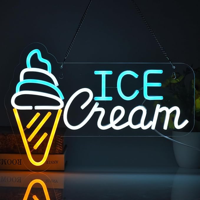 Ice Cream Neon Sign LED Light up Sign with Dimmable Switch Ice Cream Shop Wall Decor for Business Store Drink Shop Bar Party Cafe USB Powered 16.1" x 11" Handmade LED Neon Tubing Signs