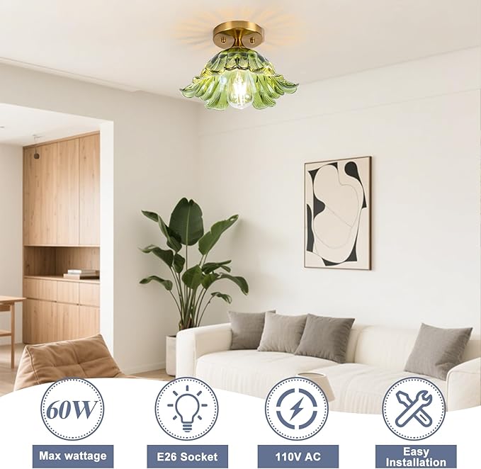Semi Flush Mount Ceiling Light,Ceiling Light Fixtures 3000K Bulb, Vintage Light Fixtures Green for Closet Hallway Kitchen Dining Room 11"